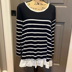 Large navy and white striped high low blouse.
